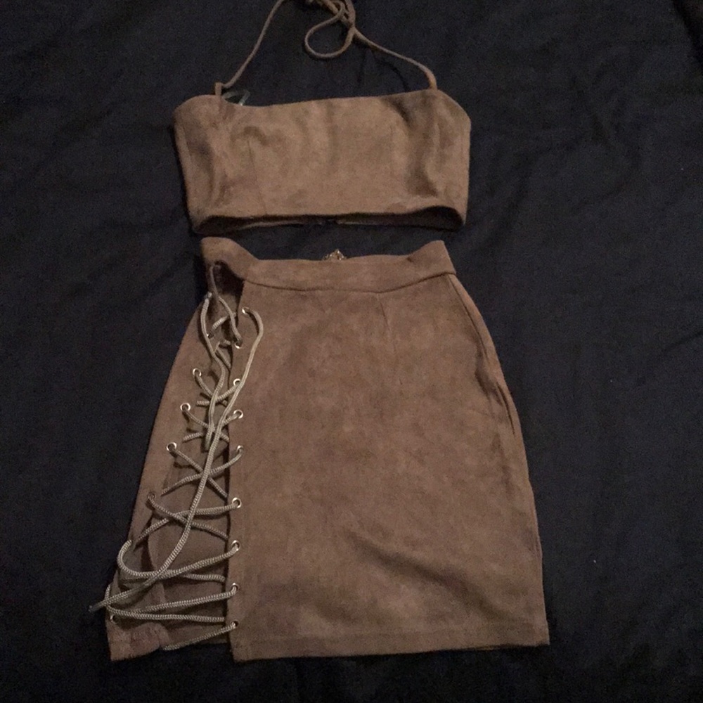 OhPolly Straight Laced Suede Tie Up Two Piece Set